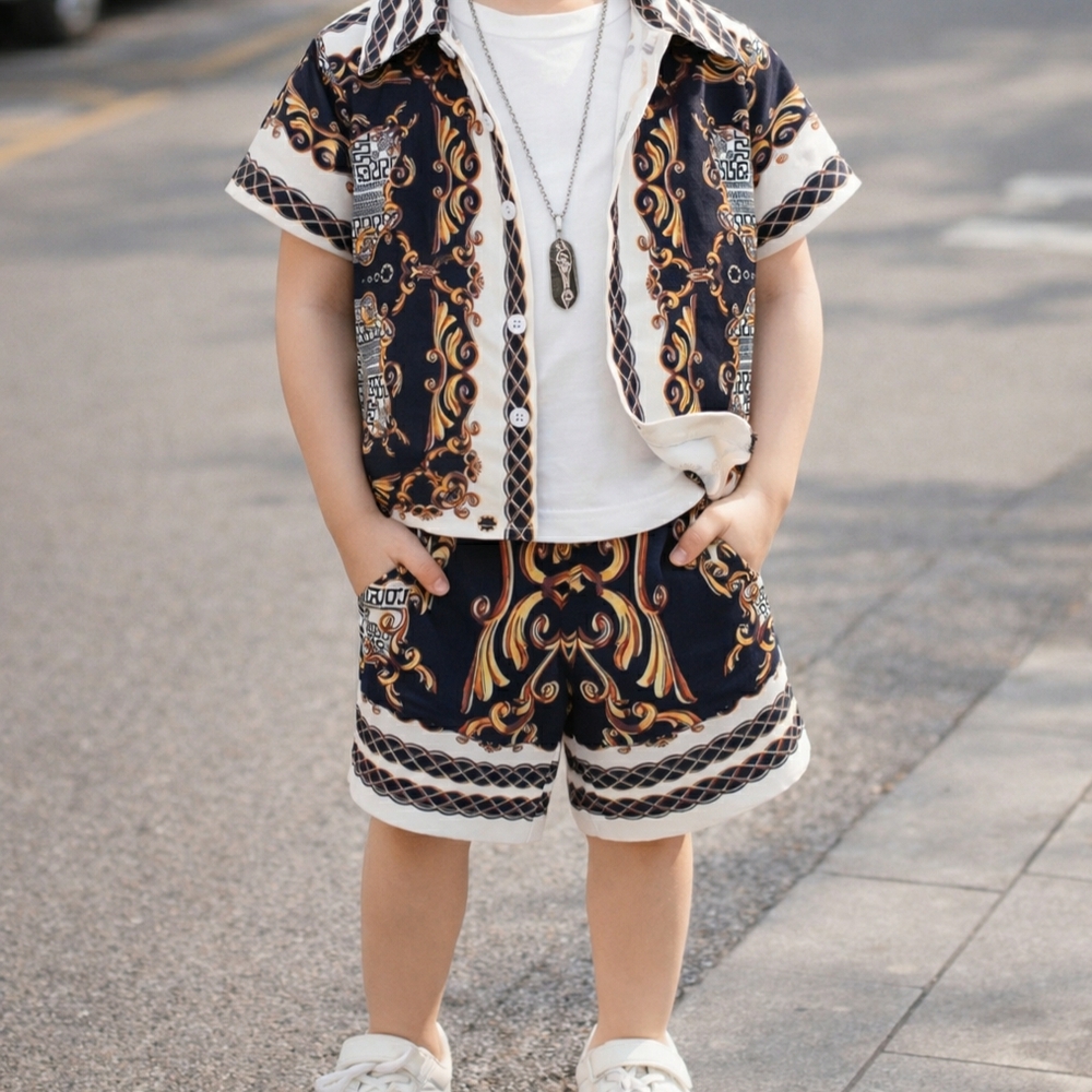 Boys Casual Turnovet Color 2  Toddler Baroque Print Two-Piece Set - Navy & Cream